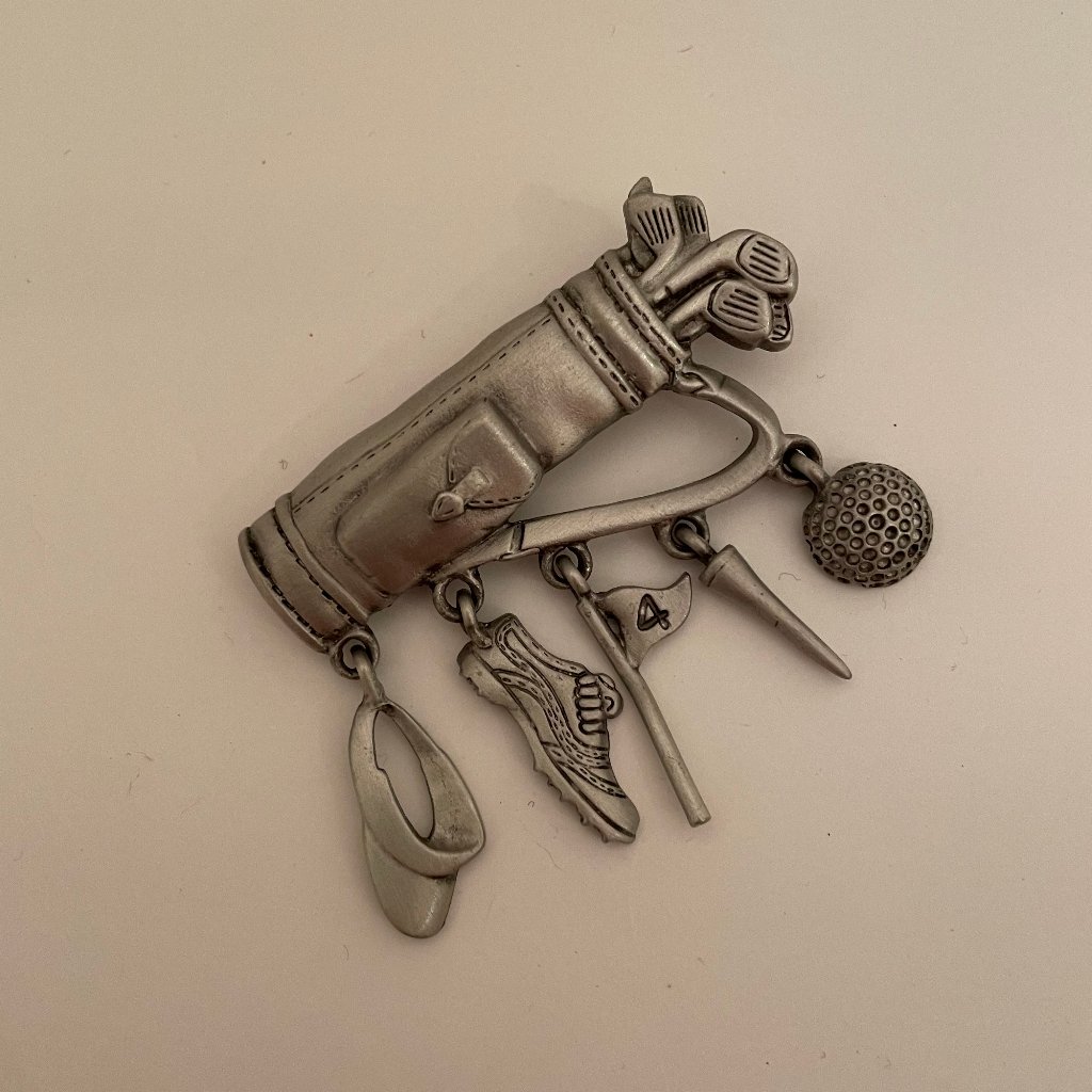 Jj Jonette Signed Brooch Pin Pewter Golf Bag Clubs Balls Shoe Hat Flag